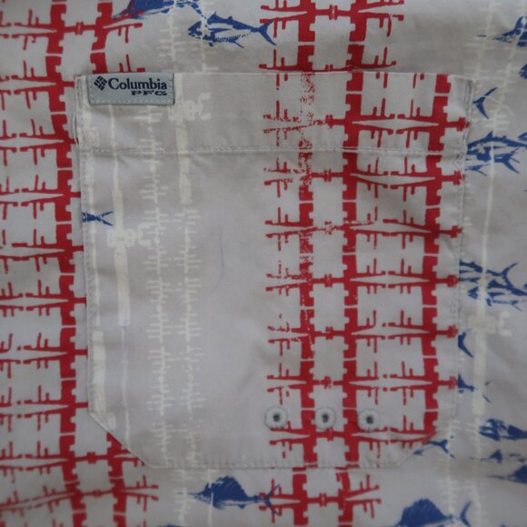 Columbia Sportswear Mens Large Gray Red Blue Fishing Shirt Back Flap - Picture 2 of 5
